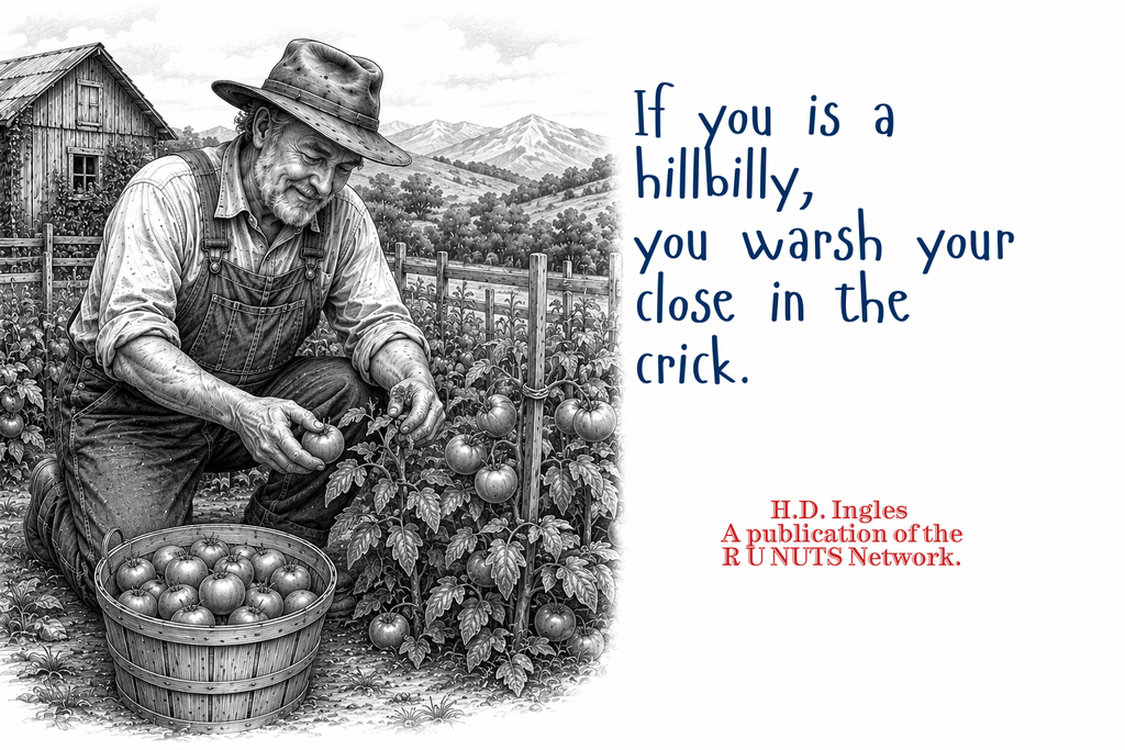 If you is a hillbilly, after you warsh your close, you wrench them. 
If you is a hillbilly, the day passes are by are.
If you is a hillbilly, steel is made from arn.
If you is a hillbilly, the capital of our country is Warshington.
If you is a hillbilly, you warsh your close in the crick.